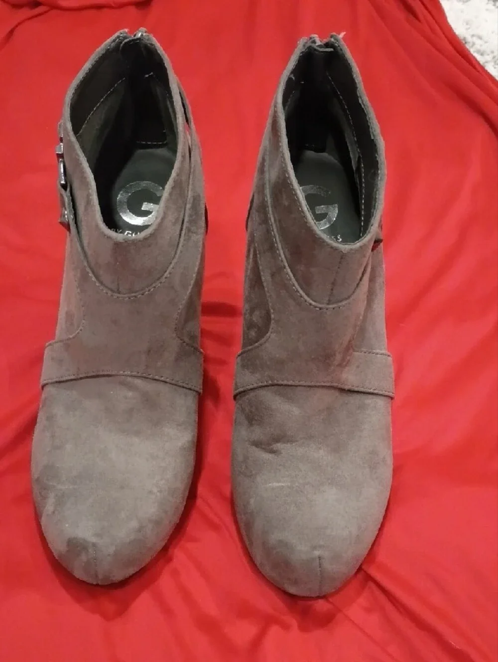 G by Guess Taupe Suede Ankle Booties with Side Strap
